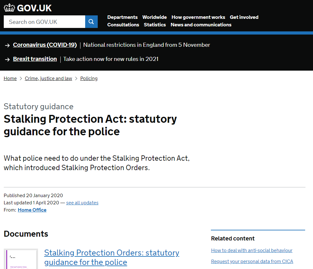 Visit the Stalking Protection Orders Government Website